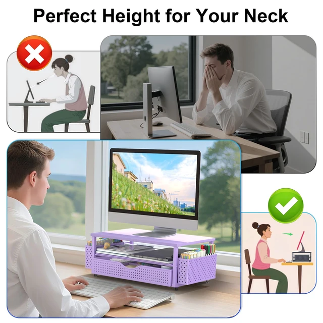 Alt view image 4 of 7 - Computer Monitor Stand with Drawer and 2 Pen Holders, Purple Double layer storage Computer Stand Monitor Riser Office Organization for Desk