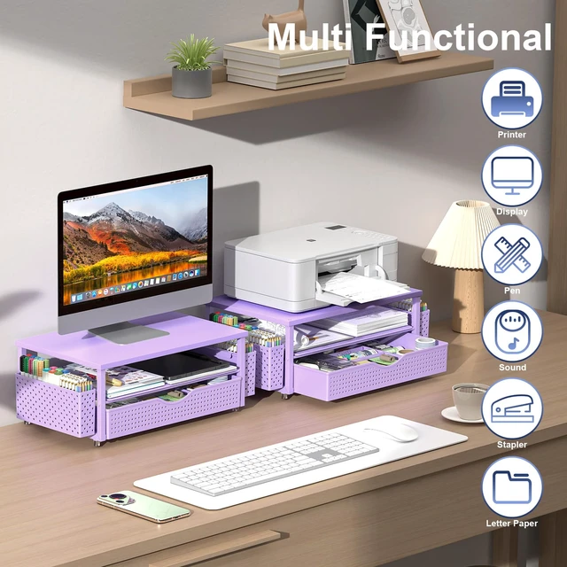 Alt view image 5 of 7 - Computer Monitor Stand with Drawer and 2 Pen Holders, Purple Double layer storage Computer Stand Monitor Riser Office Organization for Desk