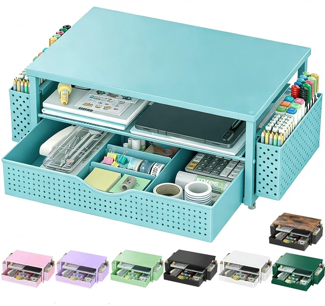 Main image of Computer Monitor Stand with Drawer and 2 Pen Holders, Blue Double layer storage Computer Stand Monitor Riser Office Organization for Desk