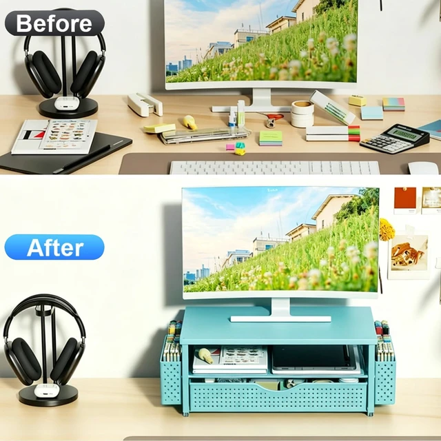 Alt view image 3 of 7 - Computer Monitor Stand with Drawer and 2 Pen Holders, Blue Double layer storage Computer Stand Monitor Riser Office Organization for Desk