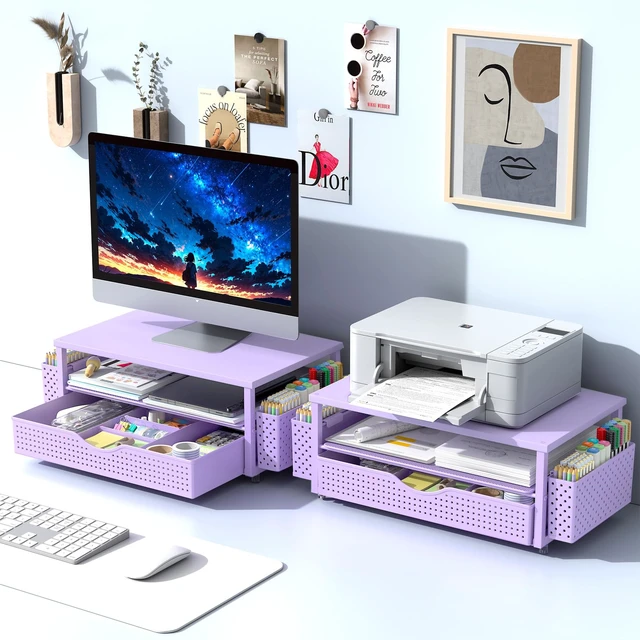 Alt view image 7 of 7 - Computer Monitor Stand with Drawer and 2 Pen Holders, Purple Double layer storage Computer Stand Monitor Riser Office Organization for Desk