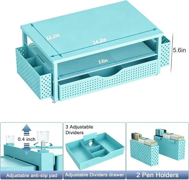Alt view image 5 of 7 - Computer Monitor Stand with Drawer and 2 Pen Holders, Blue Double layer storage Computer Stand Monitor Riser Office Organization for Desk