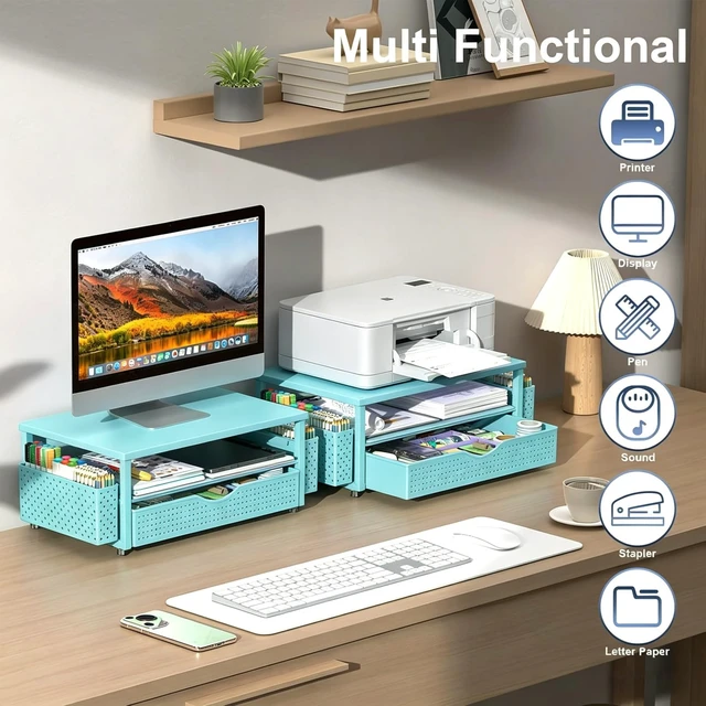 Alt view image 6 of 7 - Computer Monitor Stand with Drawer and 2 Pen Holders, Blue Double layer storage Computer Stand Monitor Riser Office Organization for Desk