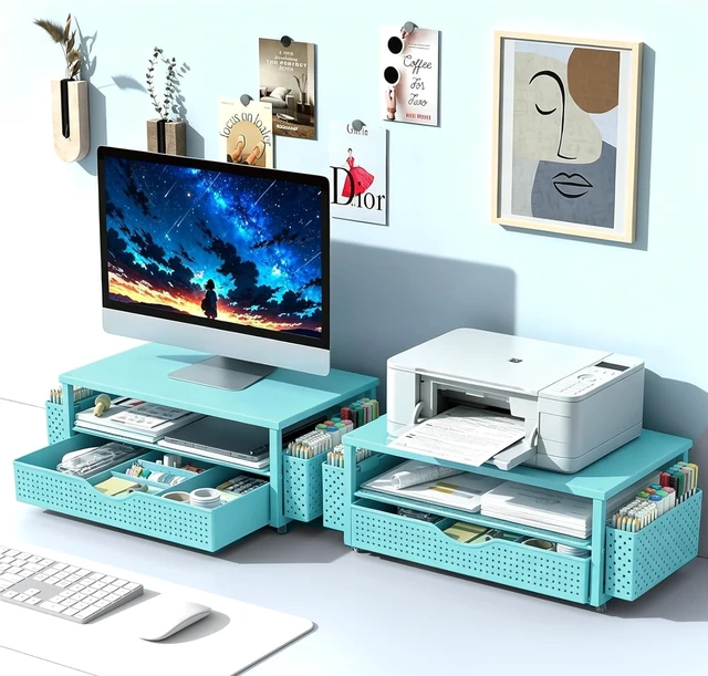 Alt view image 7 of 7 - Computer Monitor Stand with Drawer and 2 Pen Holders, Blue Double layer storage Computer Stand Monitor Riser Office Organization for Desk