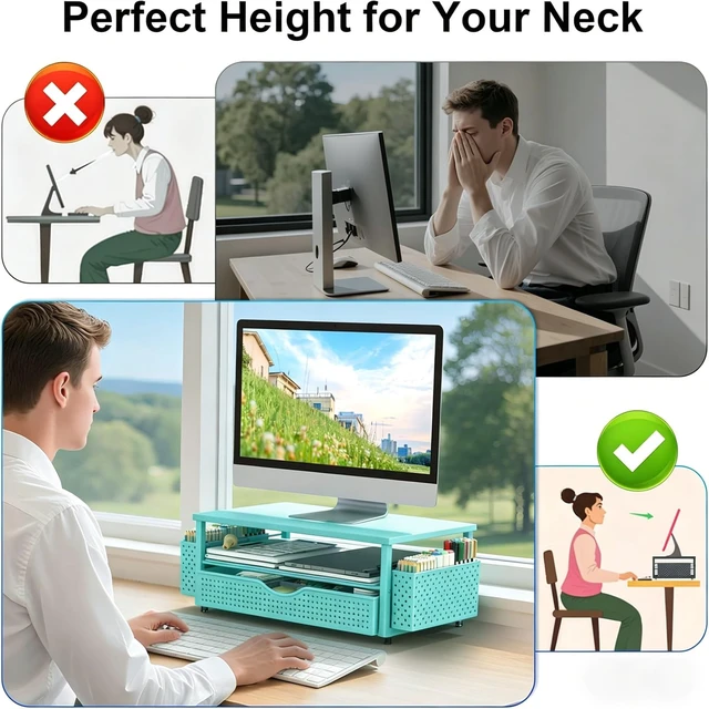 Alt view image 4 of 7 - Computer Monitor Stand with Drawer and 2 Pen Holders, Blue Double layer storage Computer Stand Monitor Riser Office Organization for Desk