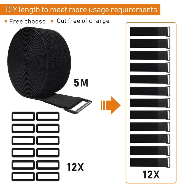 Alt view image 3 of 6 - 16Ft x 2In Adjustable Cable Straps with 12 Buckles, Free Cut Length, Black Reusable Fastening Cable Ties, Hook and Loop Securing Strap for Cable Tidy, Wire Management, Cord Organiser, Black