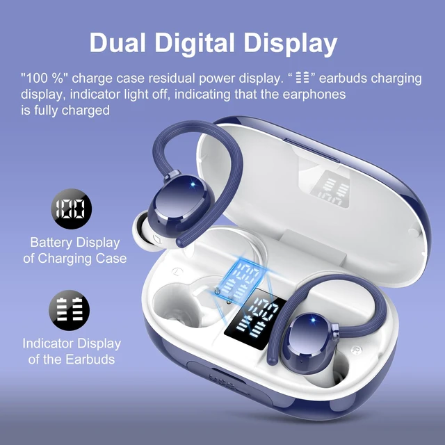 Alt view image 4 of 6 - Ear Buds Wireless Earbuds Bluetooth Headphones with 128H Playtime LED Digital Display Charging Case, Over-Ear Hook with Mic, Stereo Sound, IPX7 Waterproof Earphones for Workout/Running
