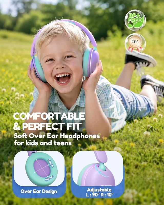 Alt view image 2 of 7 - OHR727 Kids Bluetooth Headphones Travel, OverEar Comfort Design 85dB Safe Volume, 110H Playtime with LED Lights, Bluetooth 6.0, Built-in Mic, for iPad Tablet Travel School Blue Purple Green