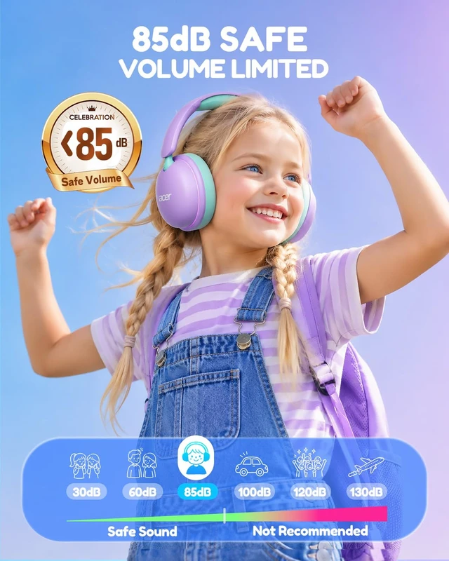 Alt view image 3 of 7 - OHR727 Kids Bluetooth Headphones Travel, OverEar Comfort Design 85dB Safe Volume, 110H Playtime with LED Lights, Bluetooth 6.0, Built-in Mic, for iPad Tablet Travel School Blue Purple Green