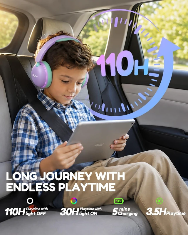 Alt view image 4 of 7 - OHR727 Kids Bluetooth Headphones Travel, OverEar Comfort Design 85dB Safe Volume, 110H Playtime with LED Lights, Bluetooth 6.0, Built-in Mic, for iPad Tablet Travel School Blue Purple Green