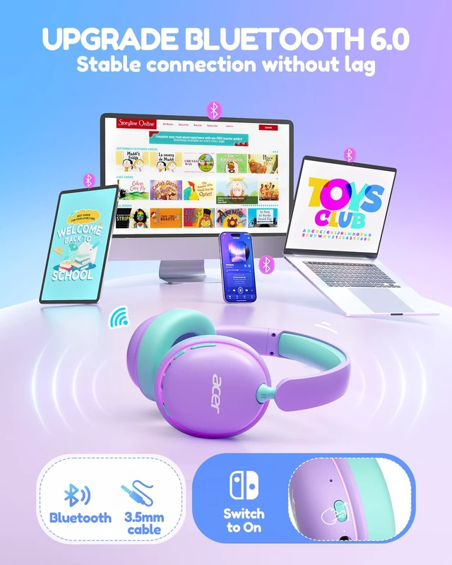 Alt view image 6 of 7 - OHR727 Kids Bluetooth Headphones Travel, OverEar Comfort Design 85dB Safe Volume, 110H Playtime with LED Lights, Bluetooth 6.0, Built-in Mic, for iPad Tablet Travel School Blue Purple Green
