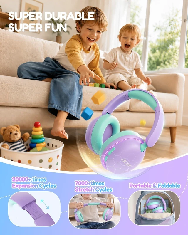Alt view image 7 of 7 - OHR727 Kids Bluetooth Headphones Travel, OverEar Comfort Design 85dB Safe Volume, 110H Playtime with LED Lights, Bluetooth 6.0, Built-in Mic, for iPad Tablet Travel School Blue Purple Green