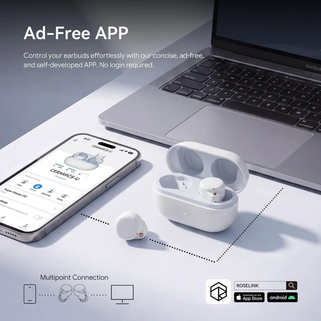 Alt view image 6 of 7 - Ceramics Ultra Noise Cancelling Earbuds, Bluetooth 6.0, LDAC/LHDC Hi-Res Audio, Advanced Hybrid ANC, 4 HD Mics, Low Latency, 99% Noise Reduction, Sweat Resistant, 11H/40H, Iceberg White