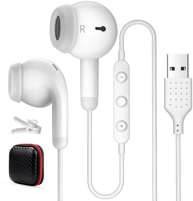Main image of USB Earbuds for PC,Headphones with Microphone for Computer,White Wired USB Headset with Mic Audio Control,Noise Isolating Stereo Laptop Earphones for Dell/HP/Surface PC Office Zoom Working
