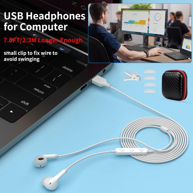 Alt view image 3 of 7 - USB Earbuds for PC,Headphones with Microphone for Computer,White Wired USB Headset with Mic Audio Control,Noise Isolating Stereo Laptop Earphones for Dell/HP/Surface PC Office Zoom Working
