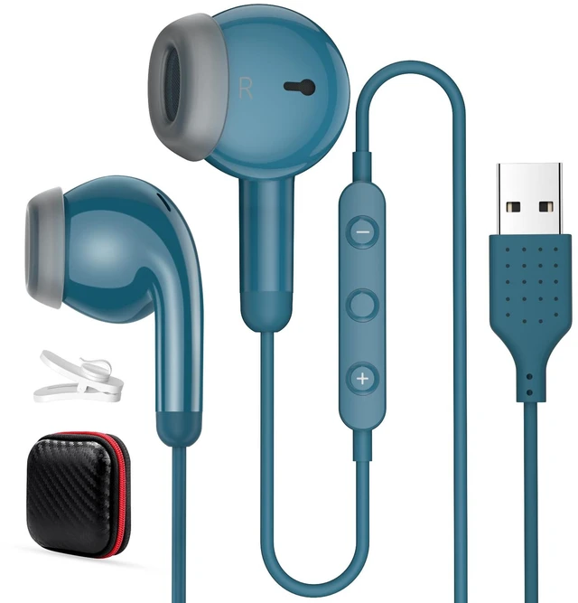 Main image of USB Earbuds for PC,Headphones with Microphone for Computer,Blue Wired USB Headset with Mic Audio Control,Noise Isolating Stereo Laptop Earphones for Dell/HP/Surface PC Office Zoom Working