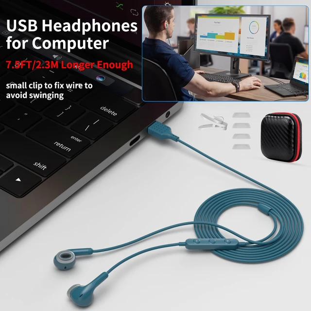 Alt view image 3 of 7 - USB Earbuds for PC,Headphones with Microphone for Computer,Blue Wired USB Headset with Mic Audio Control,Noise Isolating Stereo Laptop Earphones for Dell/HP/Surface PC Office Zoom Working