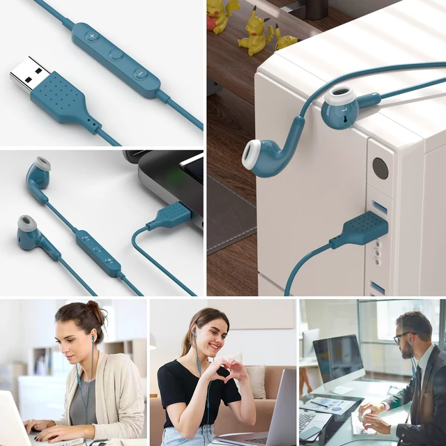 Alt view image 7 of 7 - USB Earbuds for PC,Headphones with Microphone for Computer,Blue Wired USB Headset with Mic Audio Control,Noise Isolating Stereo Laptop Earphones for Dell/HP/Surface PC Office Zoom Working