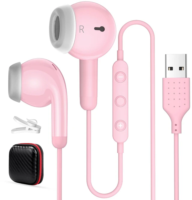 Main image of USB Earbuds for PC,Headphones with Microphone for Computer,Pink Wired USB Headset with Mic Audio Control,Noise Isolating Stereo Laptop Earphones for Dell/HP/Surface PC Office Zoom Working