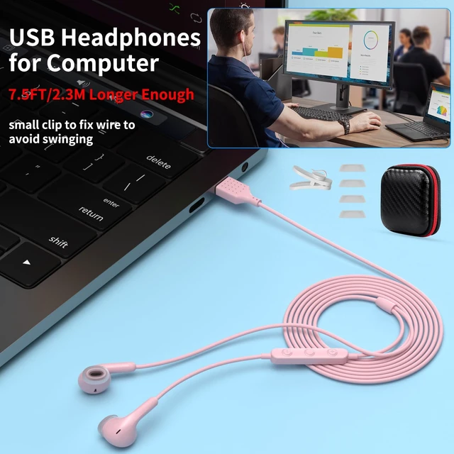 Alt view image 3 of 7 - USB Earbuds for PC,Headphones with Microphone for Computer,Pink Wired USB Headset with Mic Audio Control,Noise Isolating Stereo Laptop Earphones for Dell/HP/Surface PC Office Zoom Working