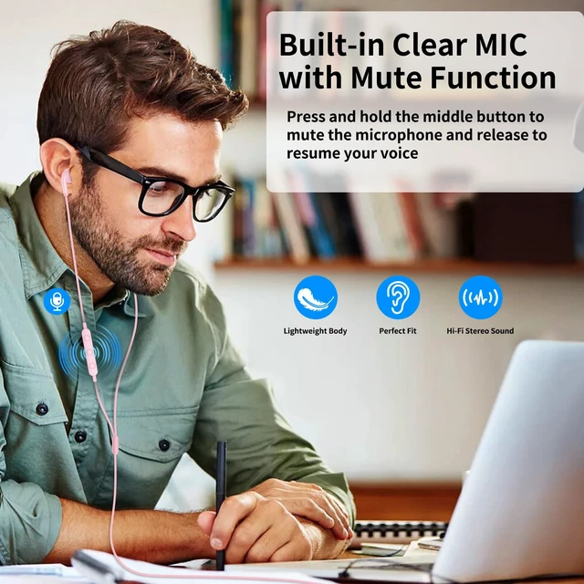 Alt view image 5 of 7 - USB Earbuds for PC,Headphones with Microphone for Computer,Pink Wired USB Headset with Mic Audio Control,Noise Isolating Stereo Laptop Earphones for Dell/HP/Surface PC Office Zoom Working