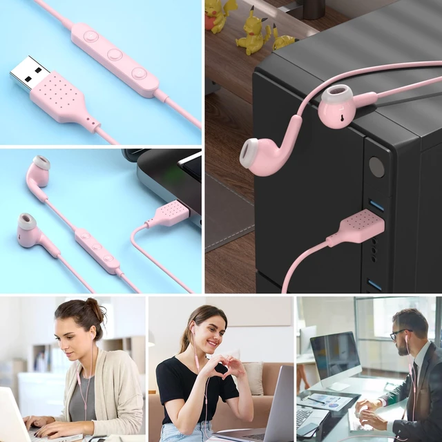 Alt view image 7 of 7 - USB Earbuds for PC,Headphones with Microphone for Computer,Pink Wired USB Headset with Mic Audio Control,Noise Isolating Stereo Laptop Earphones for Dell/HP/Surface PC Office Zoom Working
