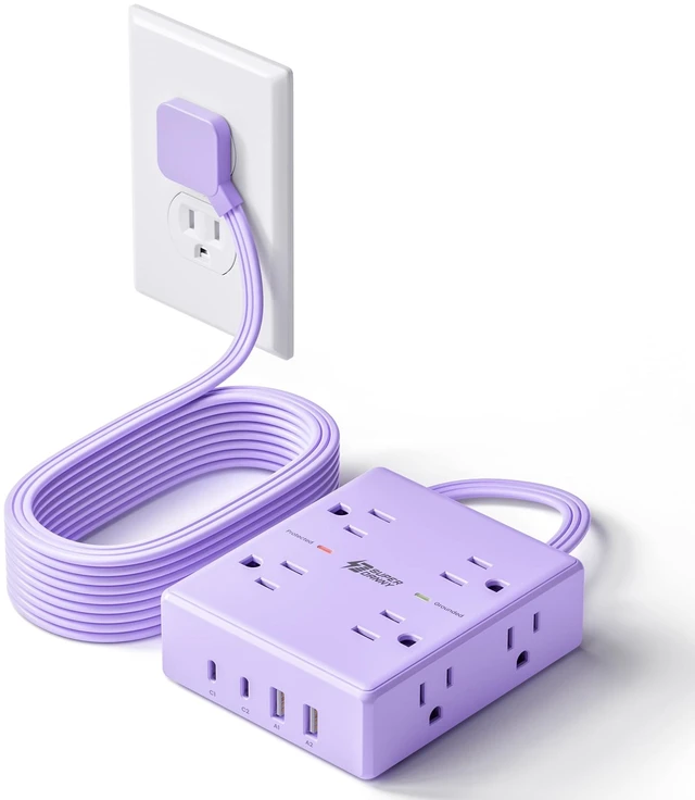 Main image of Purple Extension Cord 10Ft Flat Plug Power Strip Surge Protector 8 Outlets & 4 USB Ports (2 USB C), Cute Kawaii Stuff Purple Room Decor, Lavender Office Purple Desk Accessories for Girls