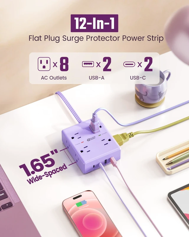 Alt view image 2 of 7 - Purple Extension Cord 10Ft Flat Plug Power Strip Surge Protector 8 Outlets & 4 USB Ports (2 USB C), Cute Kawaii Stuff Purple Room Decor, Lavender Office Purple Desk Accessories for Girls