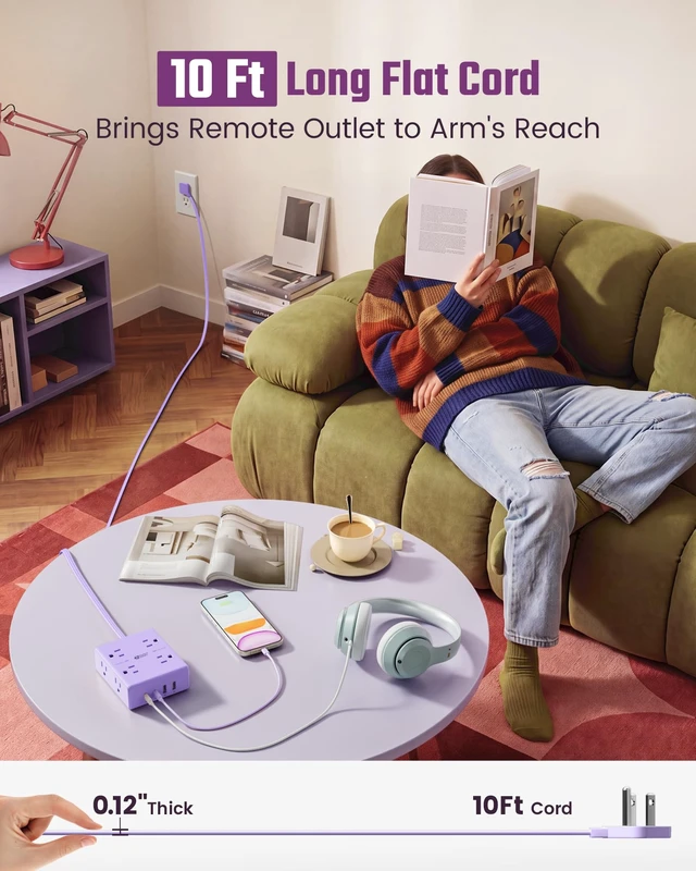 Alt view image 3 of 7 - Purple Extension Cord 10Ft Flat Plug Power Strip Surge Protector 8 Outlets & 4 USB Ports (2 USB C), Cute Kawaii Stuff Purple Room Decor, Lavender Office Purple Desk Accessories for Girls
