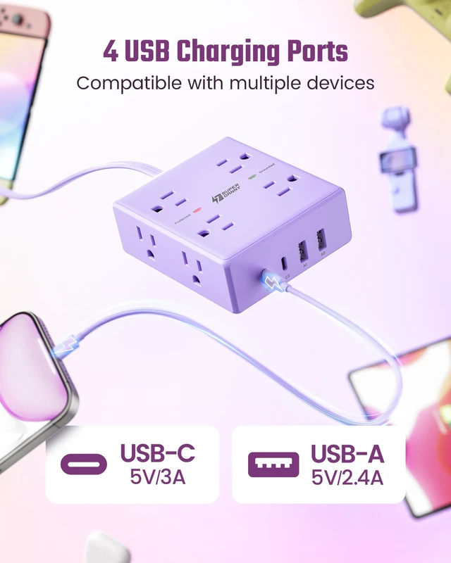 Alt view image 5 of 7 - Purple Extension Cord 10Ft Flat Plug Power Strip Surge Protector 8 Outlets & 4 USB Ports (2 USB C), Cute Kawaii Stuff Purple Room Decor, Lavender Office Purple Desk Accessories for Girls