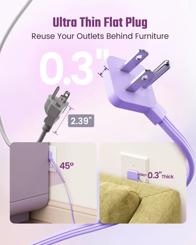 Alt view image 4 of 7 - Purple Extension Cord 10Ft Flat Plug Power Strip Surge Protector 8 Outlets & 4 USB Ports (2 USB C), Cute Kawaii Stuff Purple Room Decor, Lavender Office Purple Desk Accessories for Girls