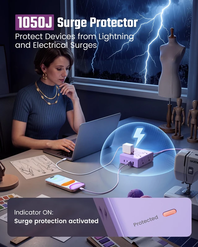 Alt view image 6 of 7 - Purple Extension Cord 10Ft Flat Plug Power Strip Surge Protector 8 Outlets & 4 USB Ports (2 USB C), Cute Kawaii Stuff Purple Room Decor, Lavender Office Purple Desk Accessories for Girls