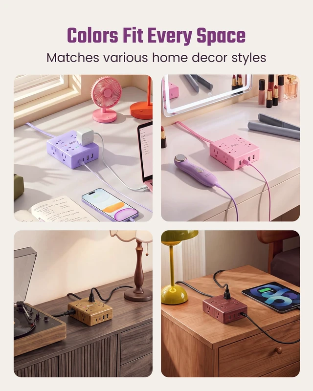 Alt view image 7 of 7 - Purple Extension Cord 10Ft Flat Plug Power Strip Surge Protector 8 Outlets & 4 USB Ports (2 USB C), Cute Kawaii Stuff Purple Room Decor, Lavender Office Purple Desk Accessories for Girls