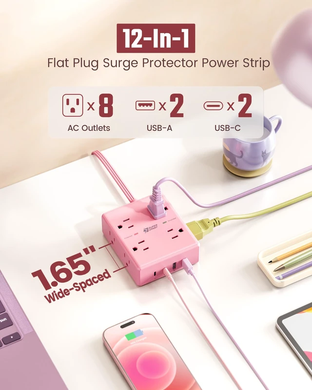 Alt view image 2 of 7 - Pink Extension Cord 10Ft, Flat Plug Power Strip Surge Protector 8 Outlets & 4 USB Ports (2 USB C), Cute Pink Stuff Room Decor, Home Office Kawaii Pink Cute Desk Accessories for Girls