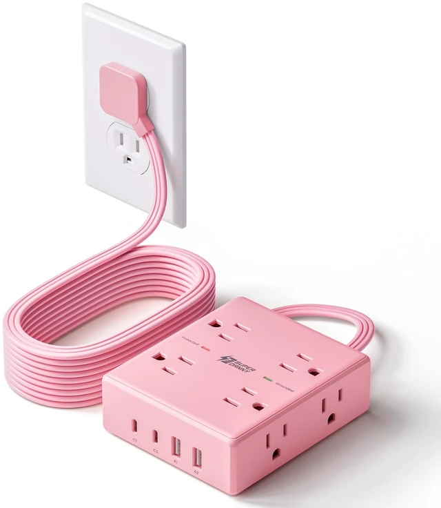Main image of Pink Extension Cord 10Ft, Flat Plug Power Strip Surge Protector 8 Outlets & 4 USB Ports (2 USB C), Cute Pink Stuff Room Decor, Home Office Kawaii Pink Cute Desk Accessories for Girls