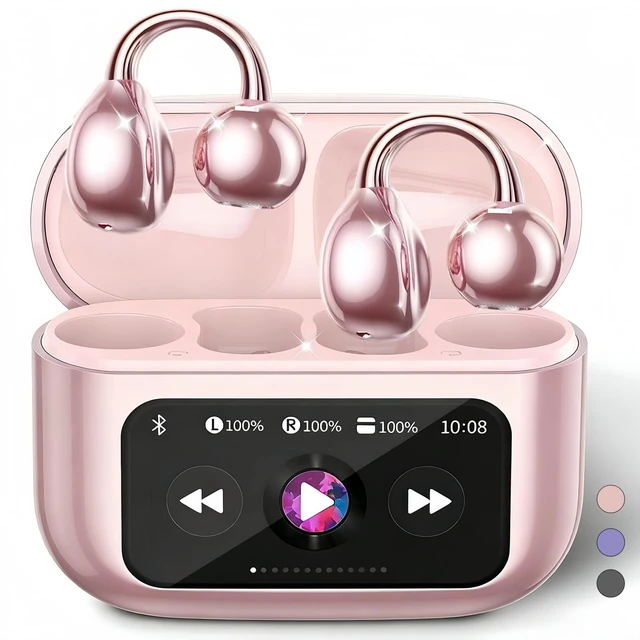 Main image of Open Ear buds,Clip On Earbuds Wireless with Touchscreen Case, Lightweight 4g, Bone Conduction Headphones for Running, Workouts, 50H Battery for Glasses wear, small ears,Bluetooth 6.0, Rose Gold