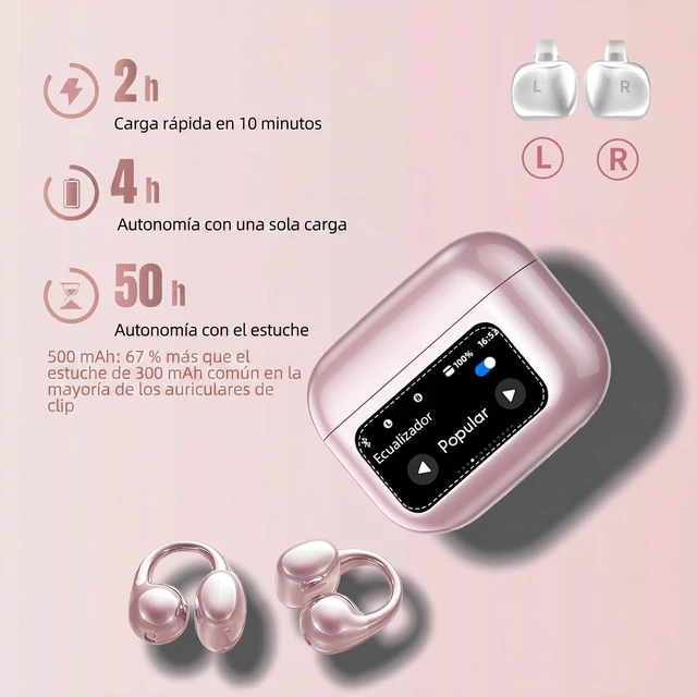 Alt view image 6 of 7 - Open Ear buds,Clip On Earbuds Wireless with Touchscreen Case, Lightweight 4g, Bone Conduction Headphones for Running, Workouts, 50H Battery for Glasses wear, small ears,Bluetooth 6.0, Rose Gold
