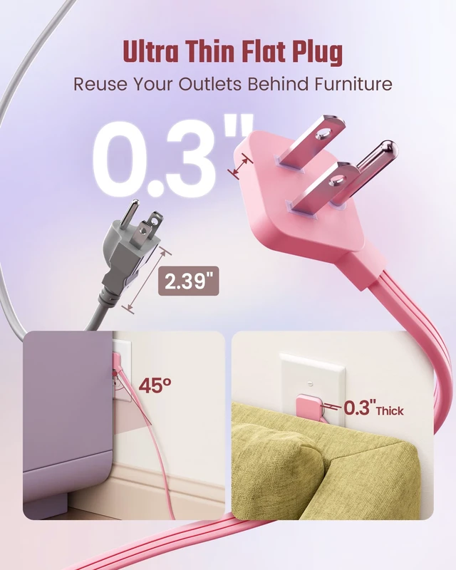 Alt view image 4 of 7 - Pink Extension Cord 10Ft, Flat Plug Power Strip Surge Protector 8 Outlets & 4 USB Ports (2 USB C), Cute Pink Stuff Room Decor, Home Office Kawaii Pink Cute Desk Accessories for Girls