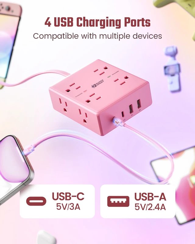 Alt view image 5 of 7 - Pink Extension Cord 10Ft, Flat Plug Power Strip Surge Protector 8 Outlets & 4 USB Ports (2 USB C), Cute Pink Stuff Room Decor, Home Office Kawaii Pink Cute Desk Accessories for Girls