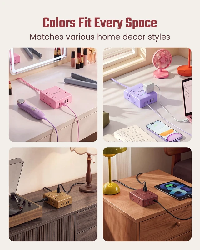 Alt view image 7 of 7 - Pink Extension Cord 10Ft, Flat Plug Power Strip Surge Protector 8 Outlets & 4 USB Ports (2 USB C), Cute Pink Stuff Room Decor, Home Office Kawaii Pink Cute Desk Accessories for Girls