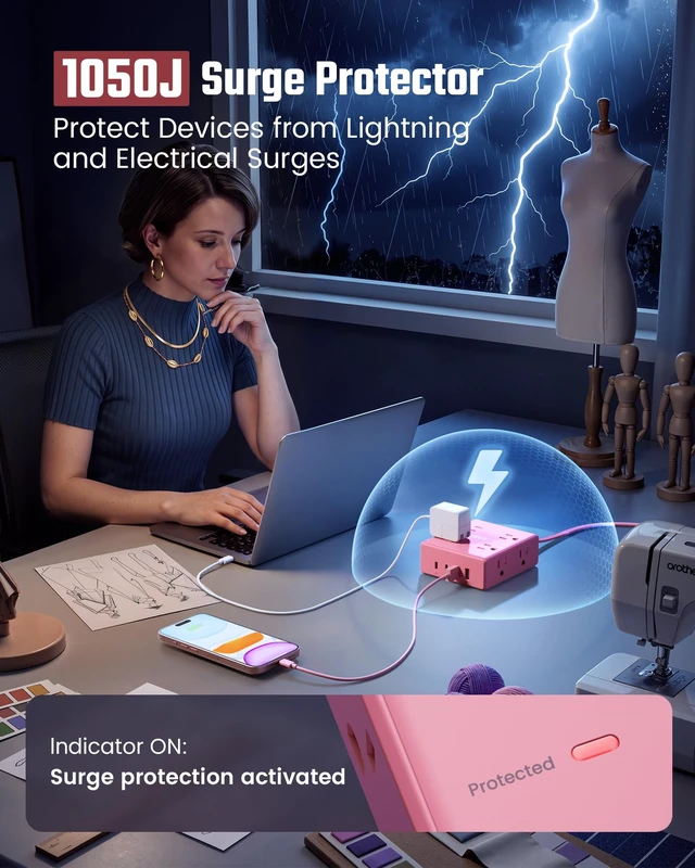 Alt view image 6 of 7 - Pink Extension Cord 10Ft, Flat Plug Power Strip Surge Protector 8 Outlets & 4 USB Ports (2 USB C), Cute Pink Stuff Room Decor, Home Office Kawaii Pink Cute Desk Accessories for Girls