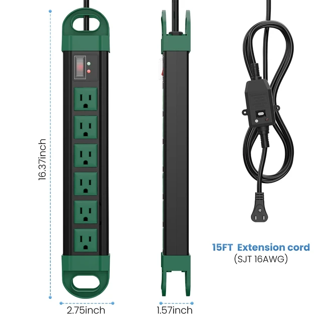 Alt view image 3 of 7 - GFCI Outdoor Power Strip Weatherproof IPX6 Waterproof, Green 15FT Surge Protector 2700J with 6 Plug Extender Port, Exterior Long Extension Cord with Multiple Outlet for Garden Christmas Decor