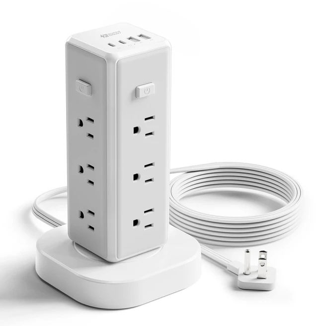 Main image of Tower Power Strip Surge Protector, Retractable Extension Cord 4 Individual Switches, 12 AC 4 USB (2 USB C), 1050J, Flat Plug, 15Ft Flat Cord, Desk Charging Station for Home Office Dorm