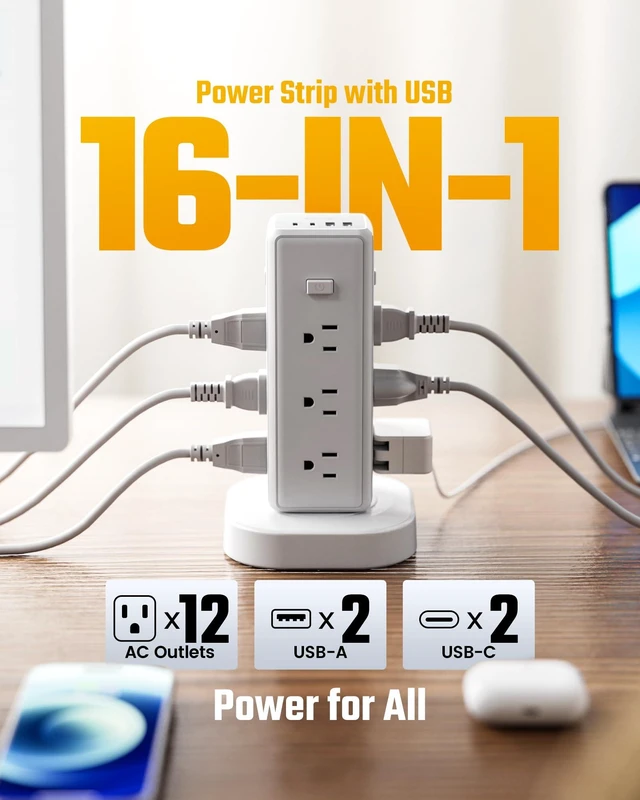 Alt view image 2 of 7 - Tower Power Strip Surge Protector, Retractable Extension Cord 4 Individual Switches, 12 AC 4 USB (2 USB C), 1050J, Flat Plug, 15Ft Flat Cord, Desk Charging Station for Home Office Dorm