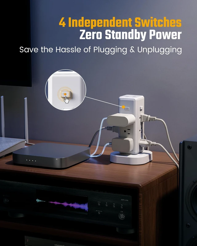 Alt view image 4 of 7 - Tower Power Strip Surge Protector, Retractable Extension Cord 4 Individual Switches, 12 AC 4 USB (2 USB C), 1050J, Flat Plug, 15Ft Flat Cord, Desk Charging Station for Home Office Dorm