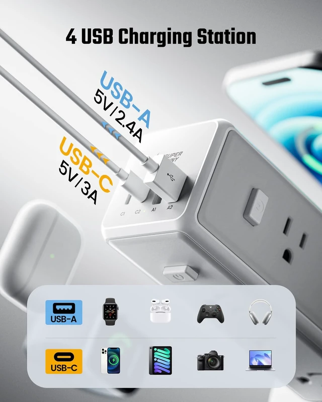 Alt view image 5 of 7 - Tower Power Strip Surge Protector, Retractable Extension Cord 4 Individual Switches, 12 AC 4 USB (2 USB C), 1050J, Flat Plug, 15Ft Flat Cord, Desk Charging Station for Home Office Dorm