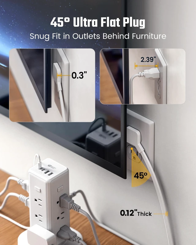 Alt view image 6 of 7 - Tower Power Strip Surge Protector, Retractable Extension Cord 4 Individual Switches, 12 AC 4 USB (2 USB C), 1050J, Flat Plug, 15Ft Flat Cord, Desk Charging Station for Home Office Dorm