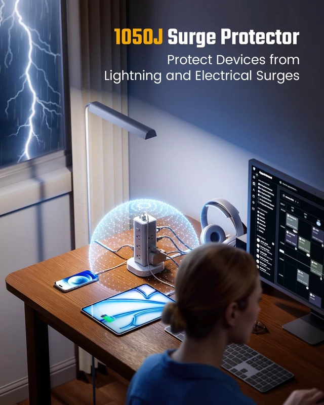 Alt view image 7 of 7 - Tower Power Strip Surge Protector, Retractable Extension Cord 4 Individual Switches, 12 AC 4 USB (2 USB C), 1050J, Flat Plug, 15Ft Flat Cord, Desk Charging Station for Home Office Dorm