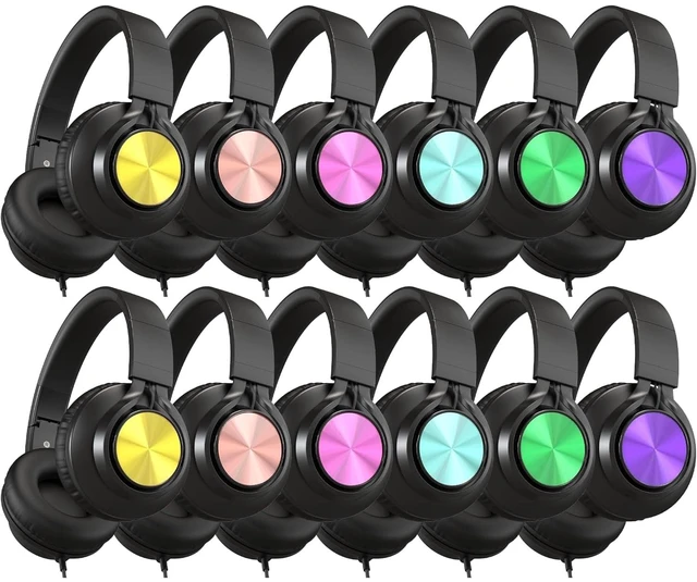 Main image of Kids Classroom Headphones with Mic, Wired 12-Pack for K-12 School Students Teens Use, Library & Online Learning & Testing, Durable & Foldable, 3.5mm Jack for Chromebook Laptop Tablets