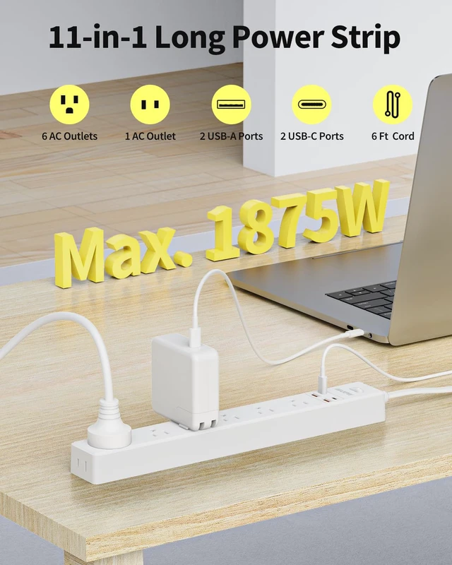 Alt view image 2 of 7 - 6Ft Flat Plug Extension Cord Power Strip,7 AC Outlets 4 USB Ports(2 USB C) Ultra Thin Flat Extension Cord & Flat Plug, 1700 Joules, Wall Mount, Desk Charging Station for Home Office Dorm, White